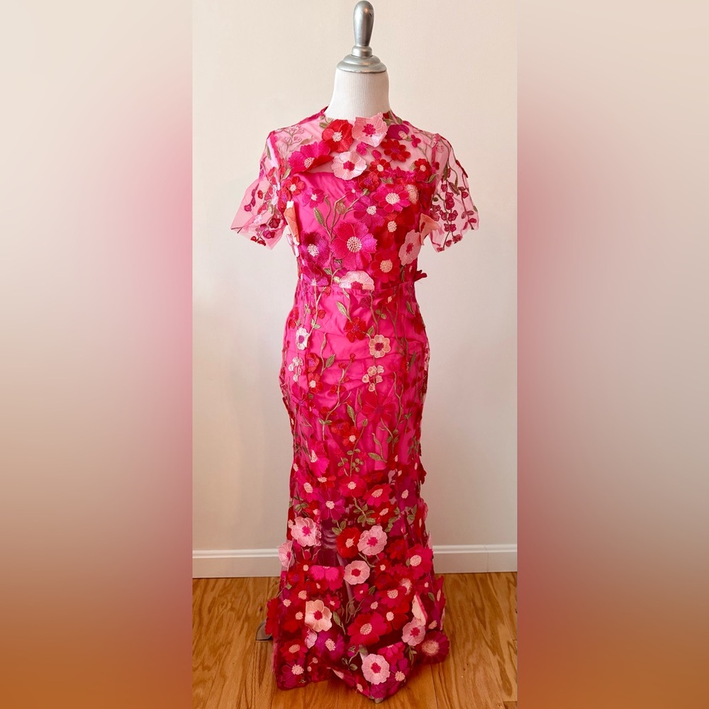 NEW Hot Pink Floral Embroidered Mesh Maxi Dress Size M